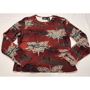Vintage Harley Davidson Womens XL Long Sleeve Shirt All Over Print Red Black Y2K